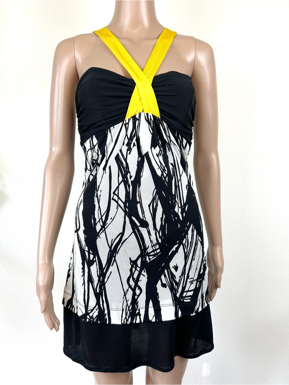 Black & White Graphic Halter Dress with Yellow Cross Straps